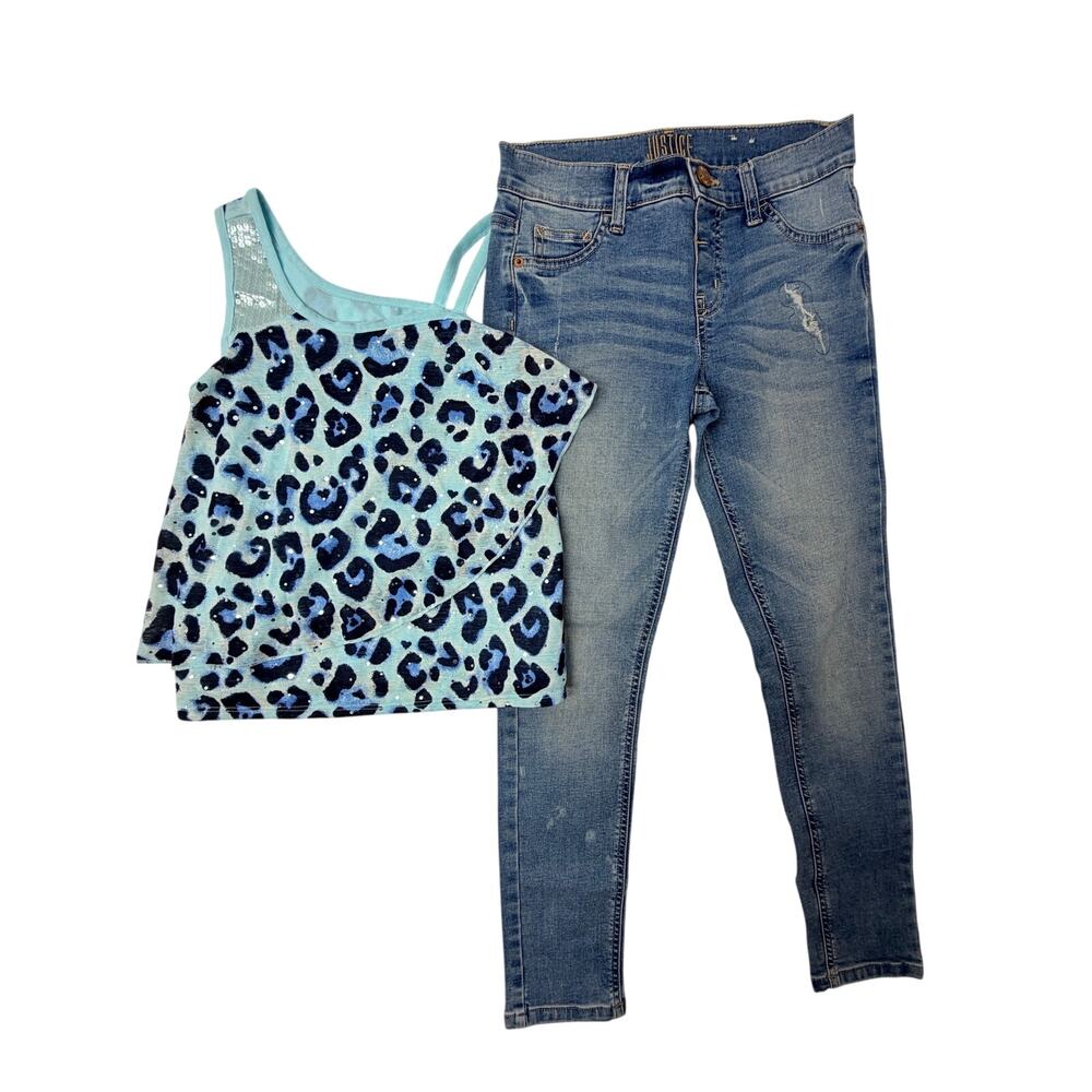 Justice Girls Size 12 Outfit Set Blue Leopard One Shoulder Top Mid Rise Jeggings